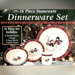 ROYAL SEASONS Stoneware Snowman 16-Pc Dinnerware Dish Set Christmas Holiday NIB